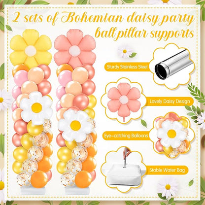Kasyat 2 Sets Groovy Balloon Column Stand Kit Boho Daisy Macaron Pink Yellow - Image 3