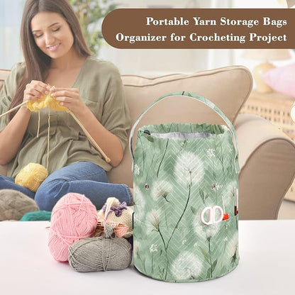 Dreamy Green Dandelions Yarn Bag Small Crochet Bag Drawstring Yarn Storage - Image 4