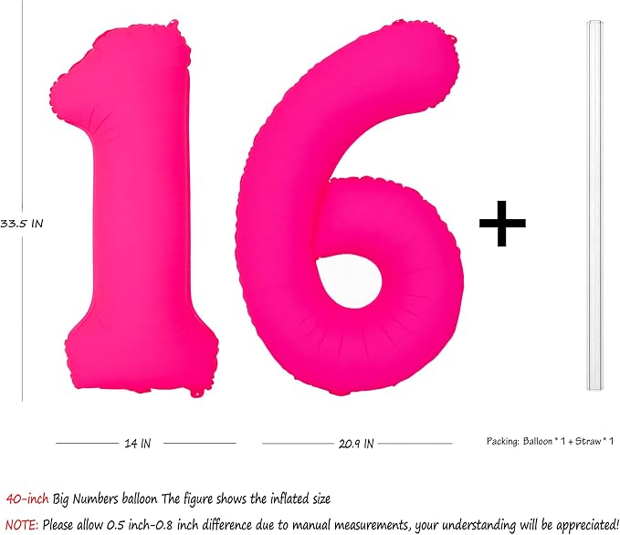 Pink Birthday Number 16 Balloons 40IN Fluorescent Pink 61 Foil Balloon | - Image 2