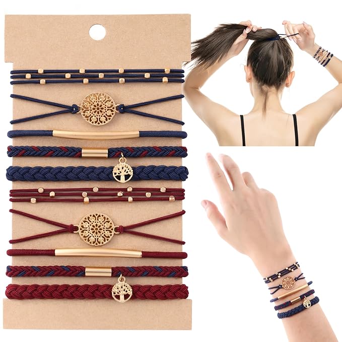 DIYDEC 10PCS Hair Ties Bracelet for Women 5 Styles Soft Braided Boho Hair Bands Elastic No Damage Hair Ties for Girls thick Thin Long Curly Hair Accessories(Blue and red)