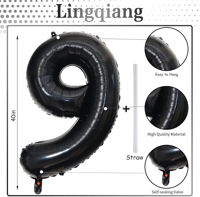 40'' Black Number 9 Balloons, Giant Self Inflating Foil Number Balloons Set 0-9 - Image 2