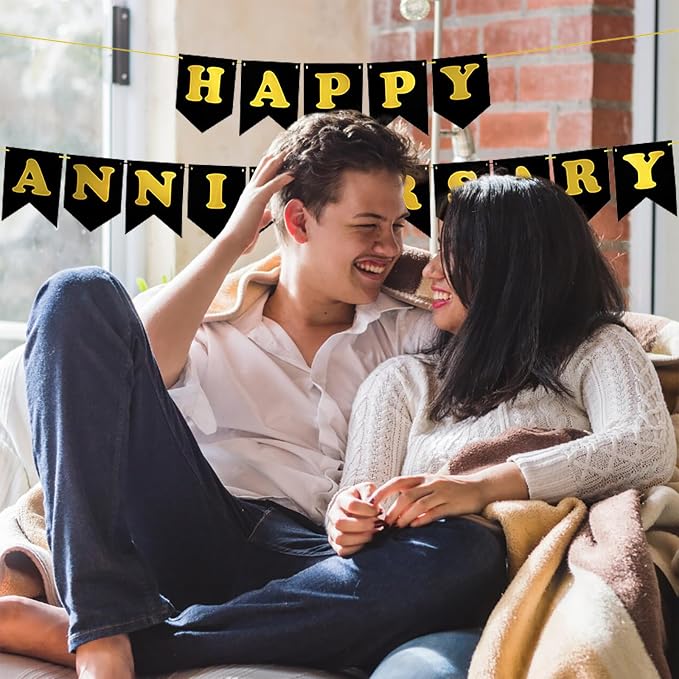 Happy Anniversary Banner Black Banner Wedding Anniversary Happy Birthday Party - Image 4