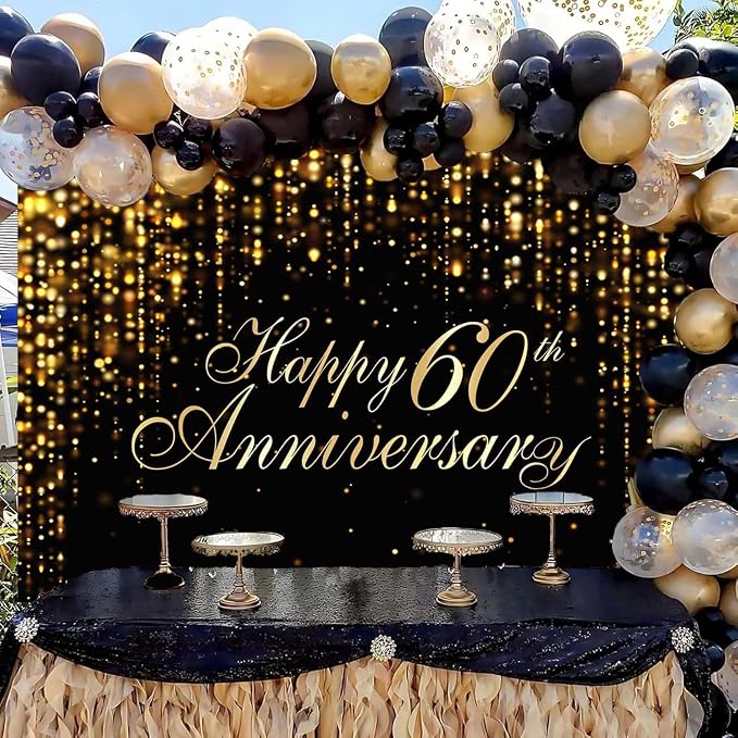 Happy 60th Anniversary Backdrop, 60th Wedding Anniversary Party Banner Black - Image 2