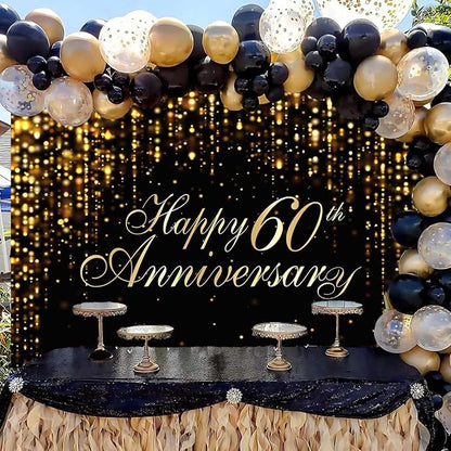 Happy 60th Anniversary Backdrop, 60th Wedding Anniversary Party Banner Black - Image 2