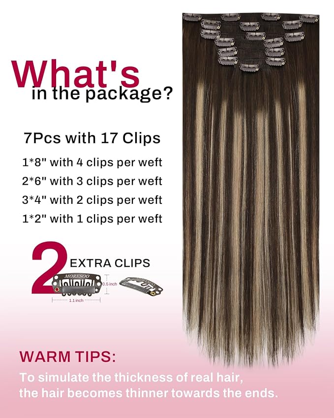 Moresoo Human Hair Clip in Extensions Ombre Dark Brown to Caramel Blonde Hair Extensions Real Human Hair Clip ins Brown to Blonde Balayage for Women Long 120g/7pcs 24 inch