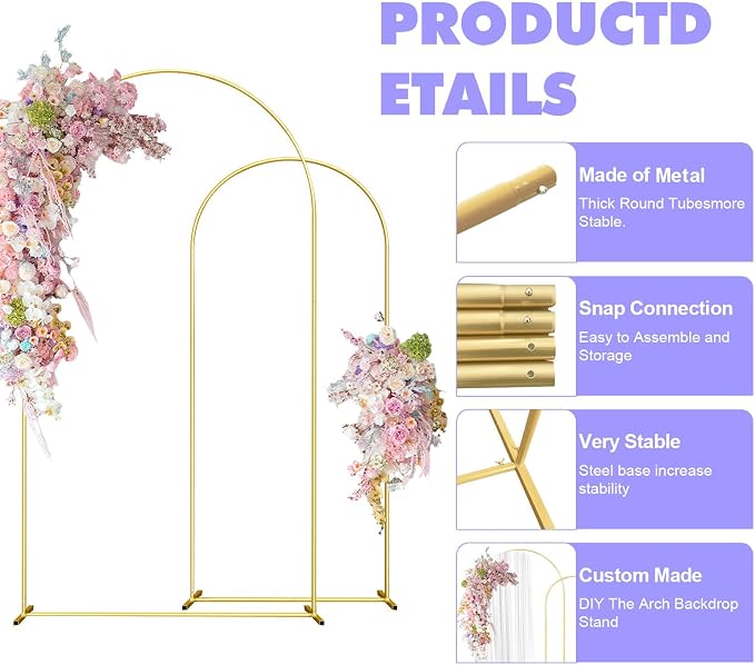 Wedding Arch Backdrop Stand Set of 2 Aluminum Gold Arched Frame - Image 5