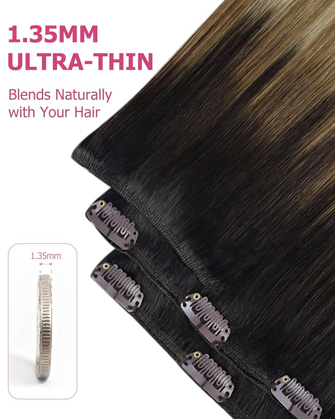 YoungSee 150g Clip in Human Hair Extensions Balayage Clip on Hair Extensions for Women Ombre Human Hair Extension Clip ins Dark Brown Roots to Medium Brown with Blonde Rmey Hair 20in 7pcs