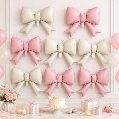 8Pcs Pink White Bow Foil Balloons, 21Inch Pink and White Bow Shaped Balloons - Image 6