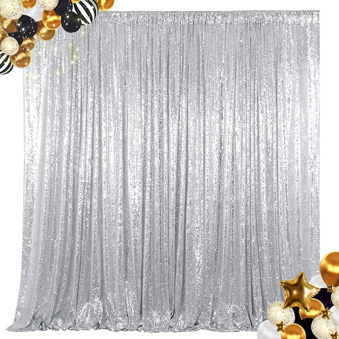 ShinyBeauty 8FTx10FT Silver Sequin Backdrop | Sparkle Drapes by ShinyBeauty