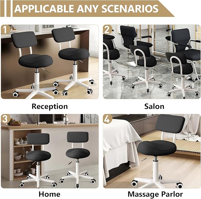 Ergonomic Esthetician Stool Chair with Back Support for Salon, Swivel Rolling Stool Height-Adjustable for Clinic Dentist Spa, Home Office, Drafting Work Task Chair