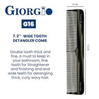 Giorgio G16 Fine Tooth and Wide Tooth Detangler Comb - Hair Comb for Men and for Women - Ideal as a Hair Styling Barber Comb and Detangler - Saw Cut and Handmade (Black Graphite)