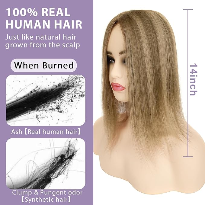 Toppers Hair Pieces for Women #TAC, 3x5 Inch Injected Silk Base 14 Inch Length 130% Density Real Human Hair Toppers