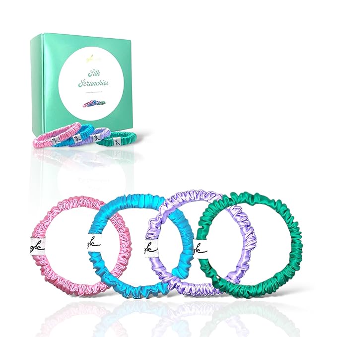 Silk Scrunchies for Women No Damage Mulberry Silk No Slip 4 Pack-Elastic Ponytail Girls Hair Ties | Skinny Hair Ties for Thin Thick Wavy or Curly Hair No Crease for Sleep and Sports (4, Dark Pastel)
