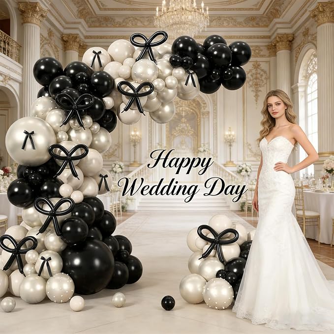 Black White Bow Balloon Arch Kit, Double-stuffed Pearl Beige Cream Balloons - Image 4