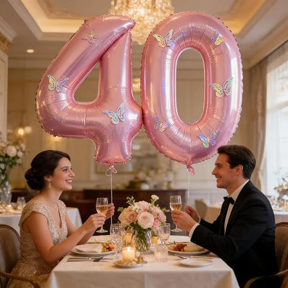 40 Inch Number Balloon Pink Large Mylar Foil Pink Number Balloons and Butterfly - Image 6