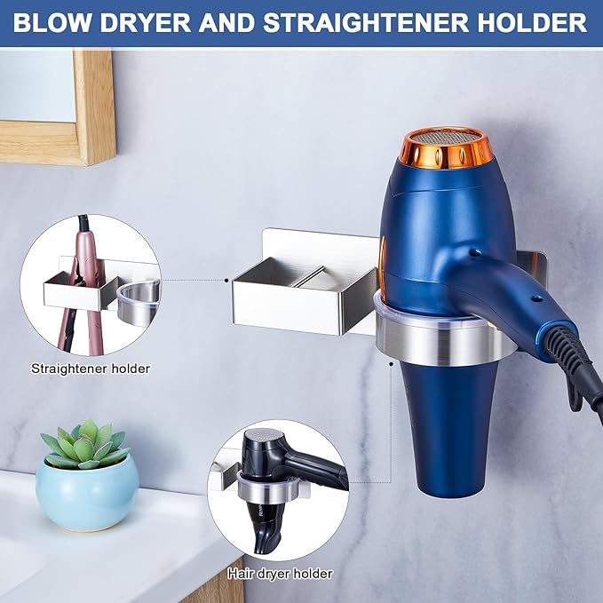 Hair Straightener Holder Wall, Blow Dryer Holder Wall Mounted Hairdryer Holder for Bathroom, Hair Tools Organizer & Storage Curling Iron Holder, Salon Hair Dryer Holder (Silver)