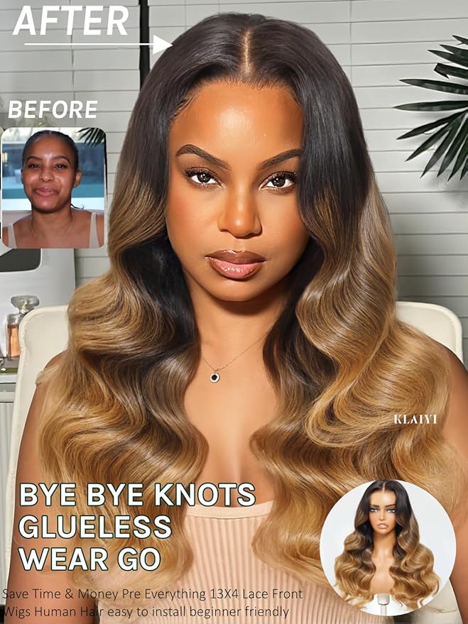 KLAIYI Ombre Highlight Blonde Loose Wave Pre Everything Glueless 13x4 Lace Front Wigs Human Hair Drawstring Balayage Brown Pre Cut Pre Plucked Bleached Ready to Wear and Go Wig with Dark Roots 24Inch