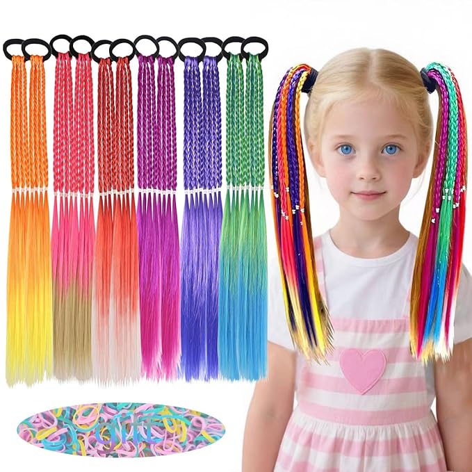 Colored Braids Hair Extensions with Rubber Bands Rainbow Braided Synthetic Hairpieces Ponytail Hair Accessories for Women Kids Girls Party Highlights Cosplay Dress Up (12PCS A Style)