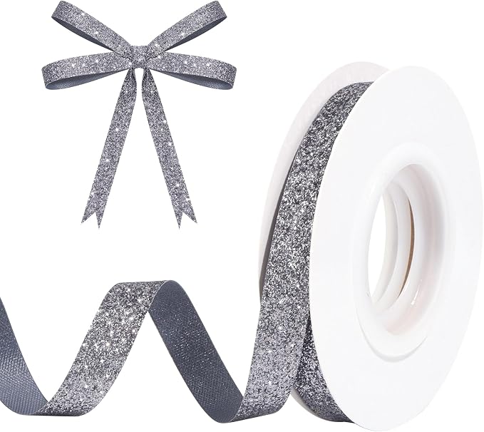 Grey Metallic Glitter Ribbon for Gift Wrapping 3/8in x 10Yds | Cheer Sparkle by HISWAN