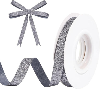 Grey Metallic Glitter Ribbon for Gift Wrapping 3/8in x 10Yds | Cheer Sparkle by HISWAN