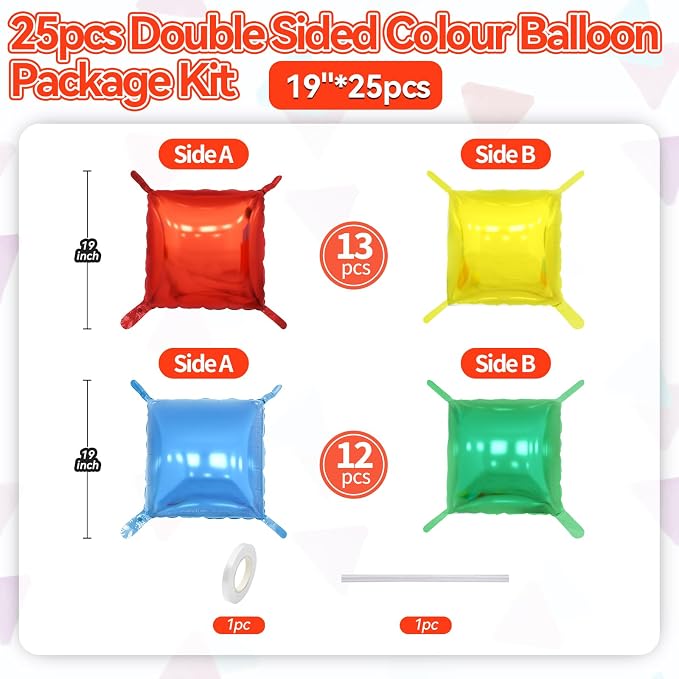 Red Yellow Blue and Green Double Sided Square Foil Balloons Wall, 19 Inches - Image 2