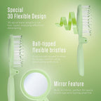 Mini Detangler Travel Hair Brush with Mirror, Makaron Hair Brushes for Women, Men and Kids, Unique 3D Flexible Design for All Hair Types, Styling Accessory, Travel Essentials for Women (GREEN)