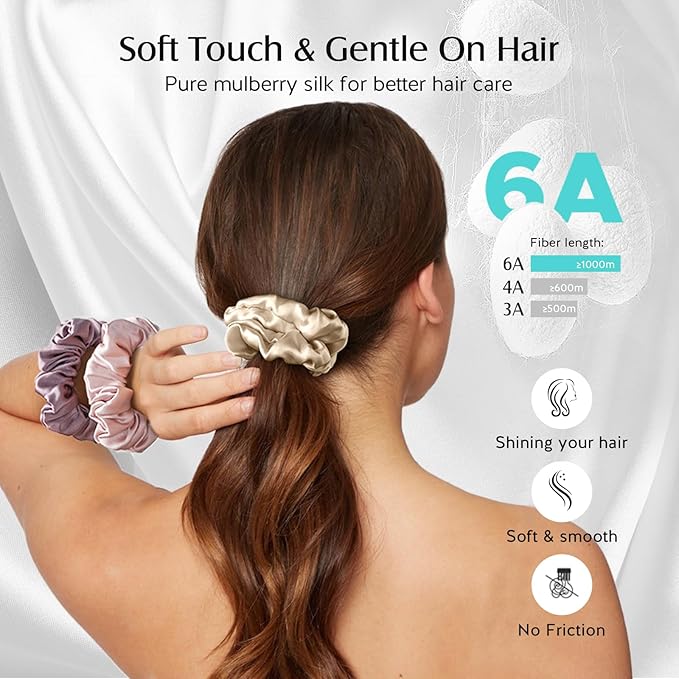 YFONG 3 PCS 100% Mulberry Silk Scrunchies for Women Girls, 22 Momme Soft Hair Ties for Frizz & Breakage Prevention, Elastic Ponytail Holders Gentle And No hurt, (Pink+Champagne+Plum Purple)