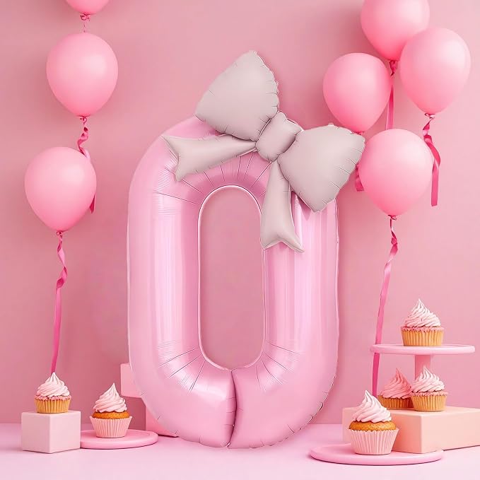 Bow Pink 0 Balloons, 40 Inch Giant Pink Bow Helium Foil Number 0 - Image 3