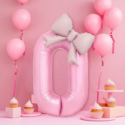 Bow Pink 0 Balloons, 40 Inch Giant Pink Bow Helium Foil Number 0 - Image 3