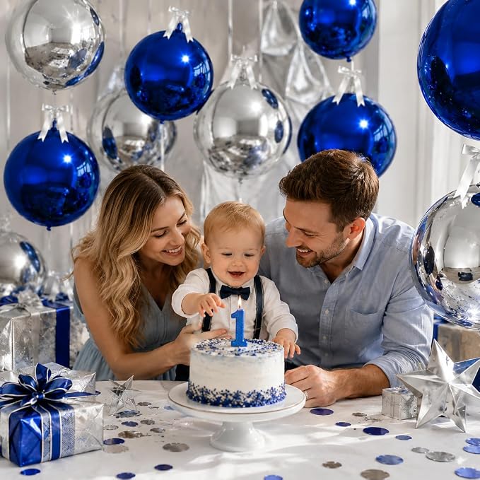 9 Pcs Blue Silver Round Foil Balloons Dark Navy Blue Metallic Silver Chrome 4D - Image 3