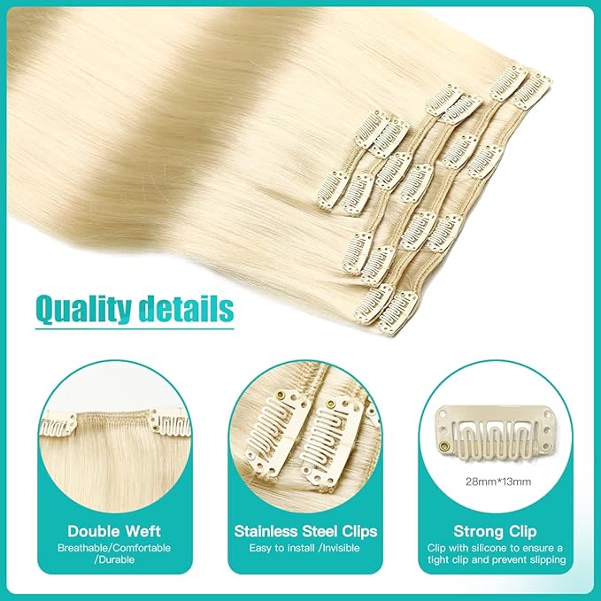 SURNEL Clip in Extensions Human Hair Platinum Blonde Hair Extensions Real Human Hair Clip ins 20 Inch 6pcs 120g (#60,20'')