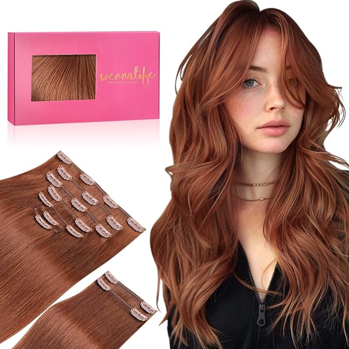 WENNALIFE Clip in Hair Extensions Real Human Hair, 16 Inch 150g 9pcs Human Hair Extensions Clip In, Dark Auburn Copper Hair Extensions Clip In Real Hair Coloured Remy Human Hair Extensions