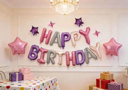 Pink Purple Happy Birthday Balloons Banner Sign Mylar letter Party decor | - Image 3