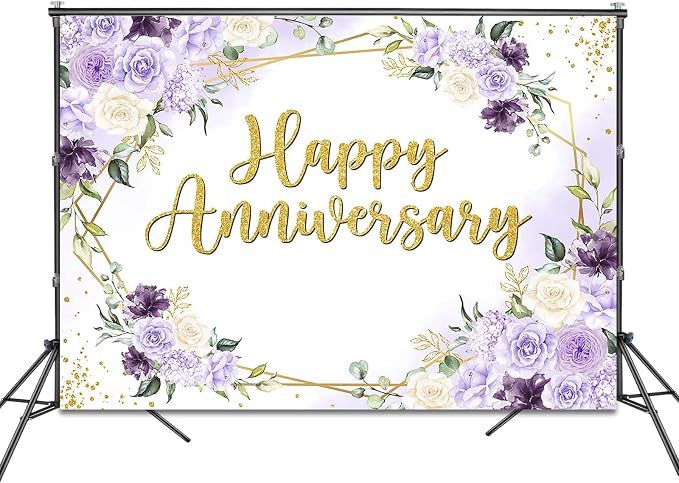 Happy Anniversary Backdrop 7x5ft Purple and White Flowers Anniversary Party - Image 2