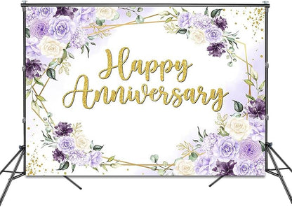 Happy Anniversary Backdrop 7x5ft Purple and White Flowers Anniversary Party - Image 2