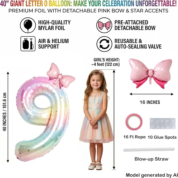 40 Inch Number 9 Balloon Giant Foil Mylar Rainbow Birthday Party Decor | - Image 2
