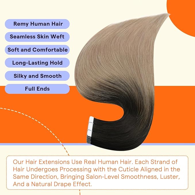 Full Shine Hair Extensions Real Human Hair Tape in Color 1B/18 Black to Blonde 18 Inch Natural Seamless Skin Weft Tape in Hair Extensions Human Hair 20PCS 50g Remy Extensions for Women Real Hair