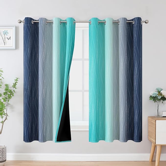 Navy Blue and Teal Blackout Curtains 63 Inch Length 2 Panels Set, Full Room by ESTELARTEXTILER