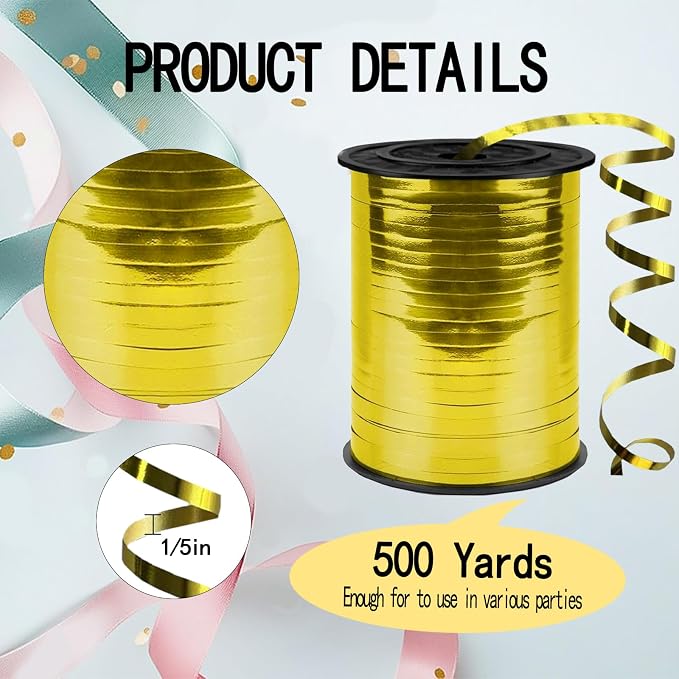 500 Yards Curling Ribbon, 1/5 Inch Shiny Gold Ribbon, Balloon String, Party - Image 2
