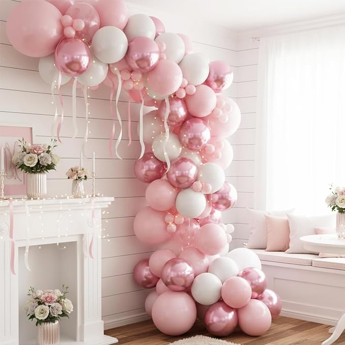 Pink Balloons Set, 12 Inch Metallic Light Baby Pink and White Balloon, - Image 3