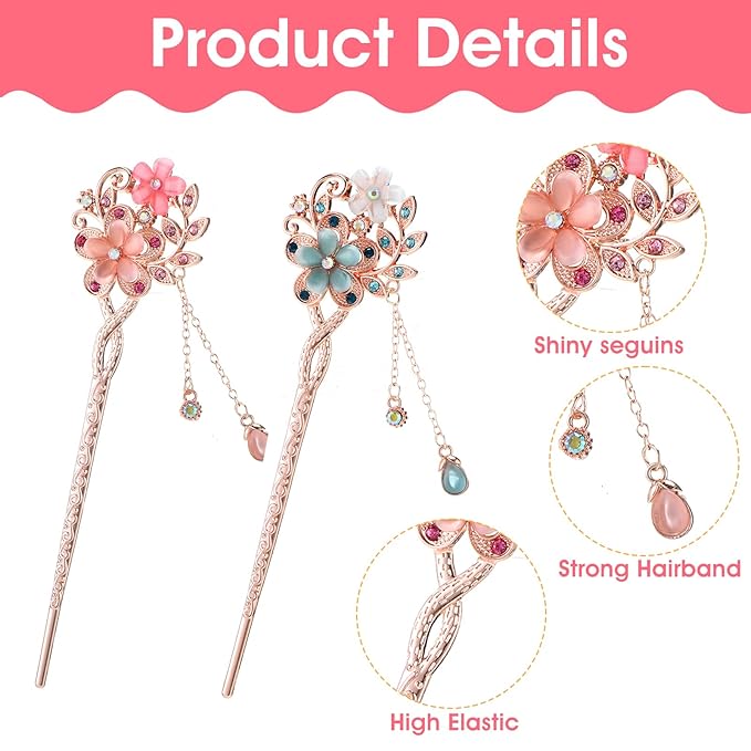 2 Pcs Chinese Hair Sticks, Rhinestone Flower Stick Retro Tassel Hair Pin Chinese Hair Chopsticks Vintage Hairpin Set for Women Wedding Accessories