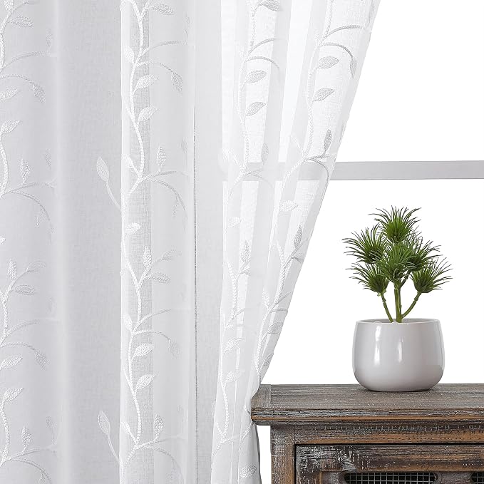 White Sheer Curtains Leaf Embroidery Linen 96 Inches Long | Light Filtering - Image 7