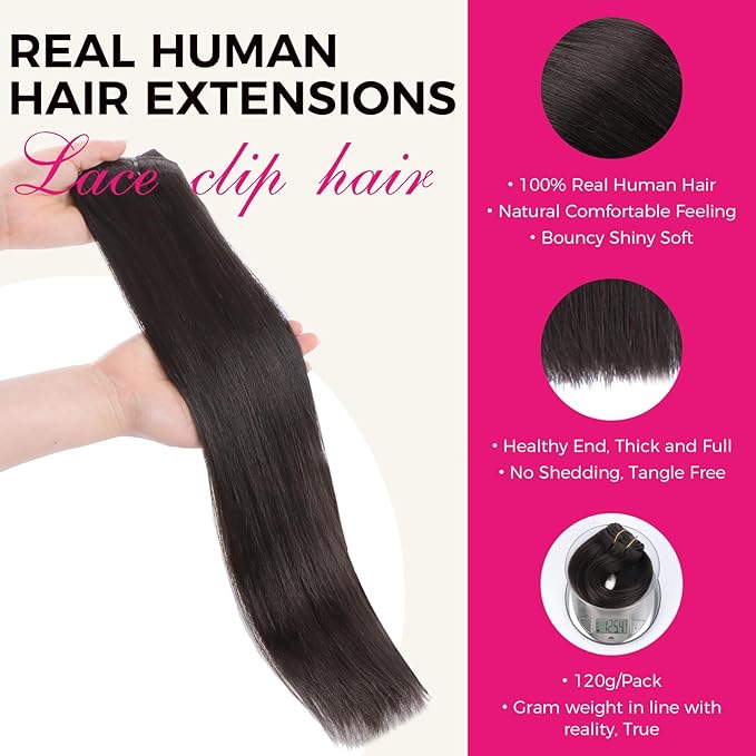 Lashey Clip in Hair Extensions Real Human Hair, 14 Inch 7pcs 120g #2 Dark Brown Straight Remy Human Hair Extensions Natural Thick Clip in Hair Extensions for Black Women