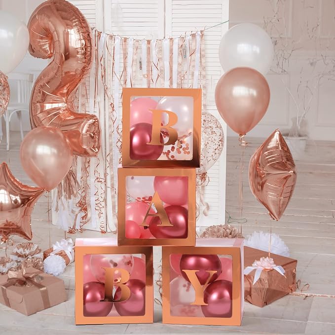 Voircoloria Baby Boxes with Letters, Rose Gold, 4 Transparent Balloon Boxes | - Image 5