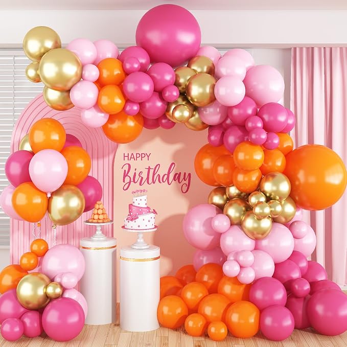 Pink and Orange Balloons Arch Kit, Pastel Gold Balloon by Jobkoo