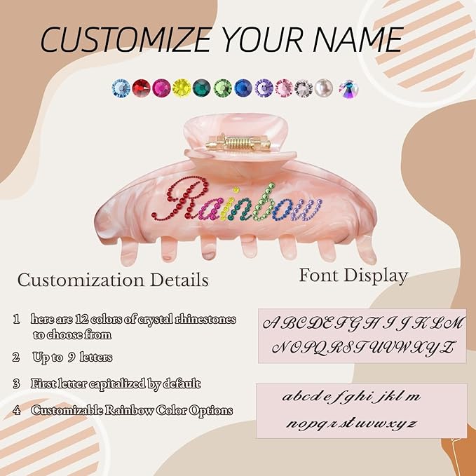 Personalized Colorful Name Hair Claw Clips for Women,Custom Hair Clips with Diamond,Cute Hair Accessories 4",Handmade Rhinestones Hair Clamp Gifts for Mom,Bride,Wife,Bridesmaid,Couples（Flash White）