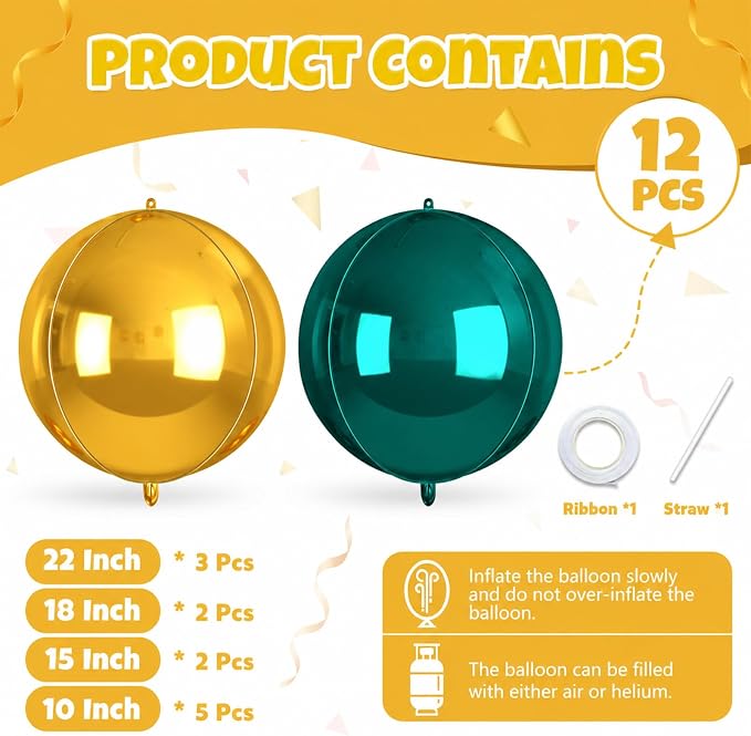 Biapian Green and Gold Round Balloons Foil, Metallic Gold Blue Large Balloons - Image 2