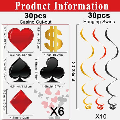 60 Pack Casino Theme Party Decorations Las Vegas Hanging Swirl Red Black Poker - Image 2