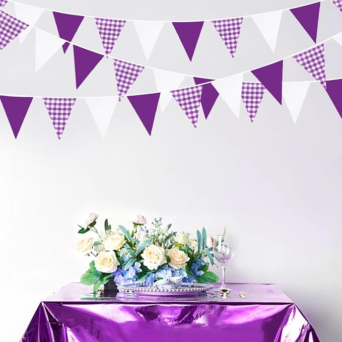 32Ft Purple Party Decorations Purple Buffalo Plaid Checkered White Triangle - Image 3
