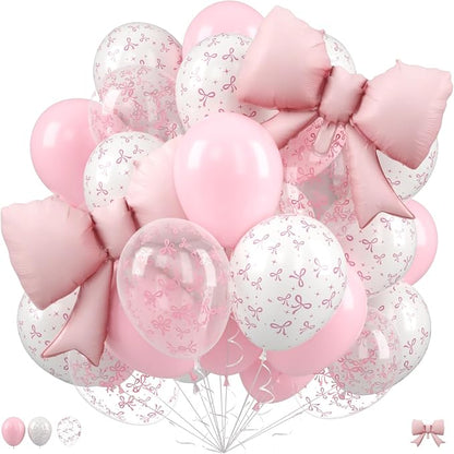 Pink Bow Balloons, 12 Inch Pastel Pink Transparent White Printed Balloons by FEYG